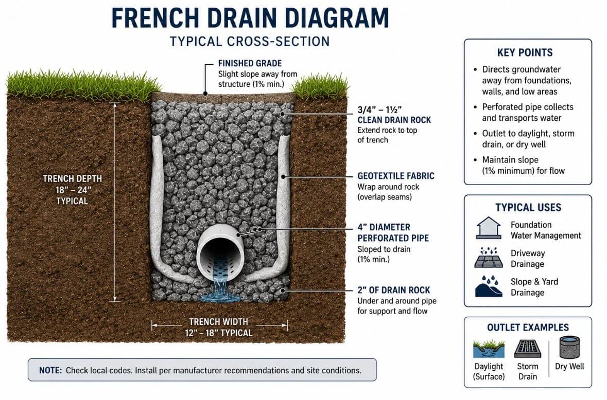 Cross-section of a GI Landscape French drain — finished grade sloped away from structure, three-quarter to one-and-a-half-inch clean drain rock extending to top of trench, geotextile fabric wrapping the rock, four-inch perforated pipe sloped to drain on two inches of drain rock