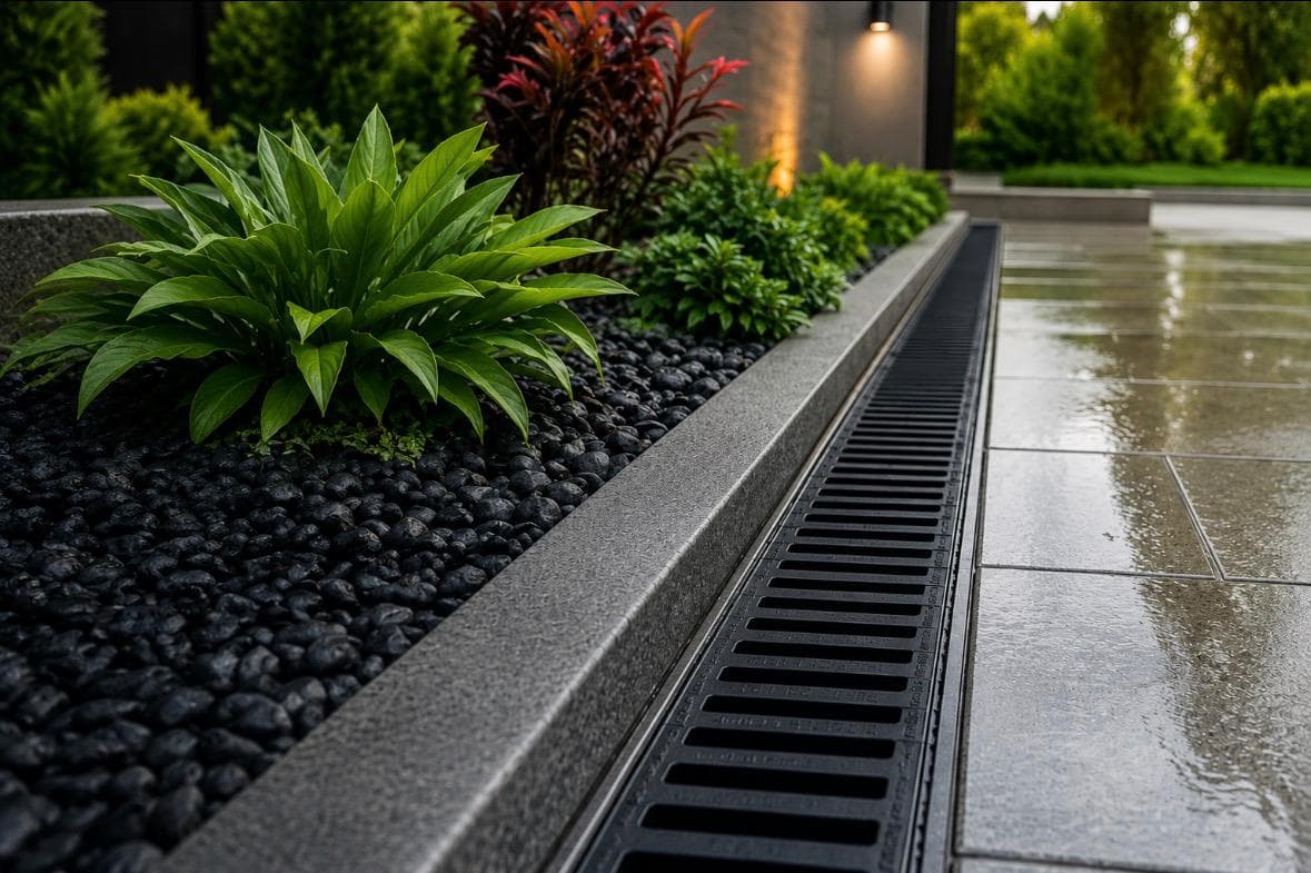 Modern dark segmental-block retaining wall with a paver path and fresh plantings by GI Landscape