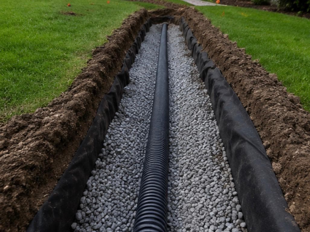 French drain mid-install by GI Landscape — corrugated perforated pipe in a gravel trench lined with geotextile fabric