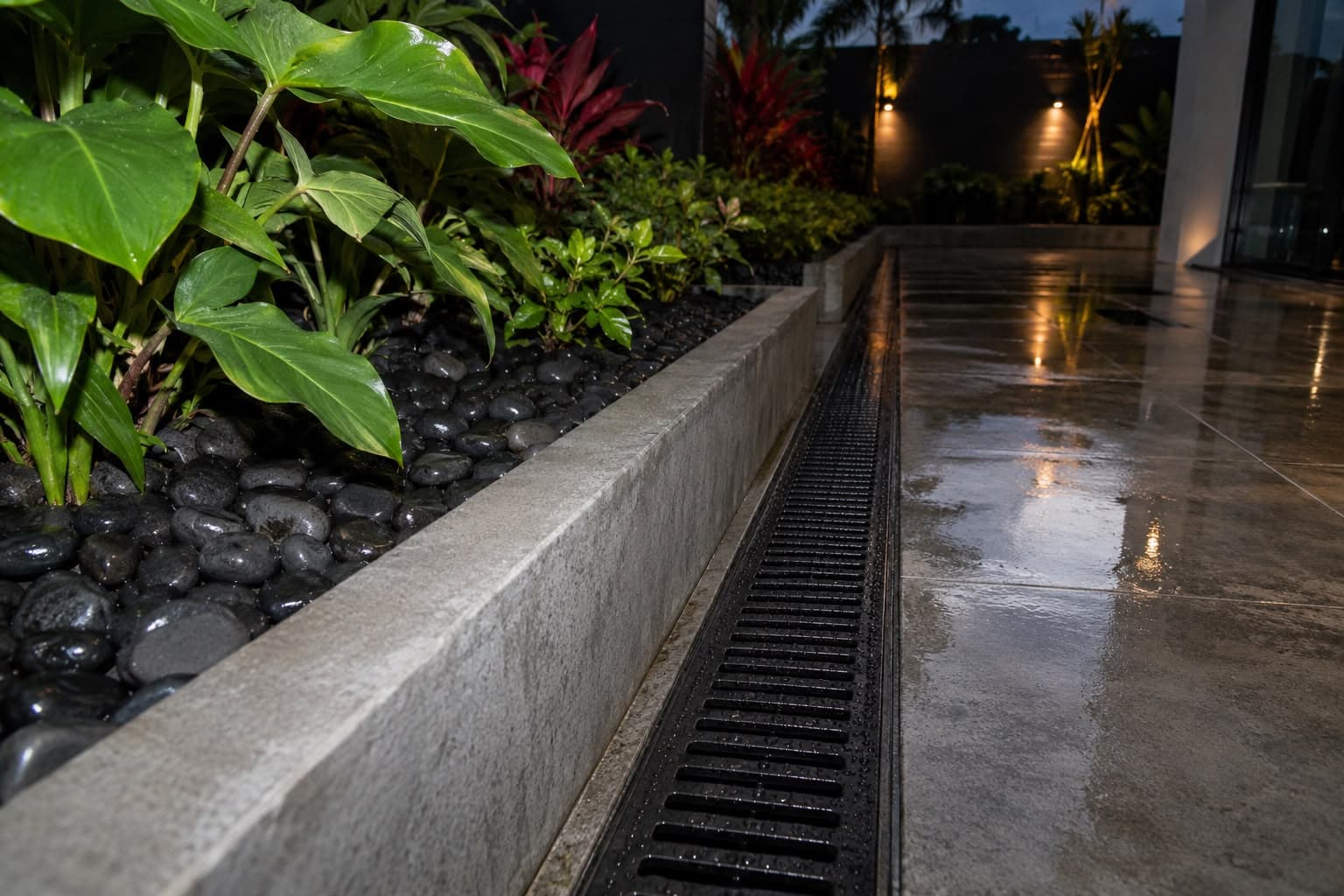 Linear channel drain along a polished patio edge beside a stone-filled planter — GI Landscape drainage solutions
