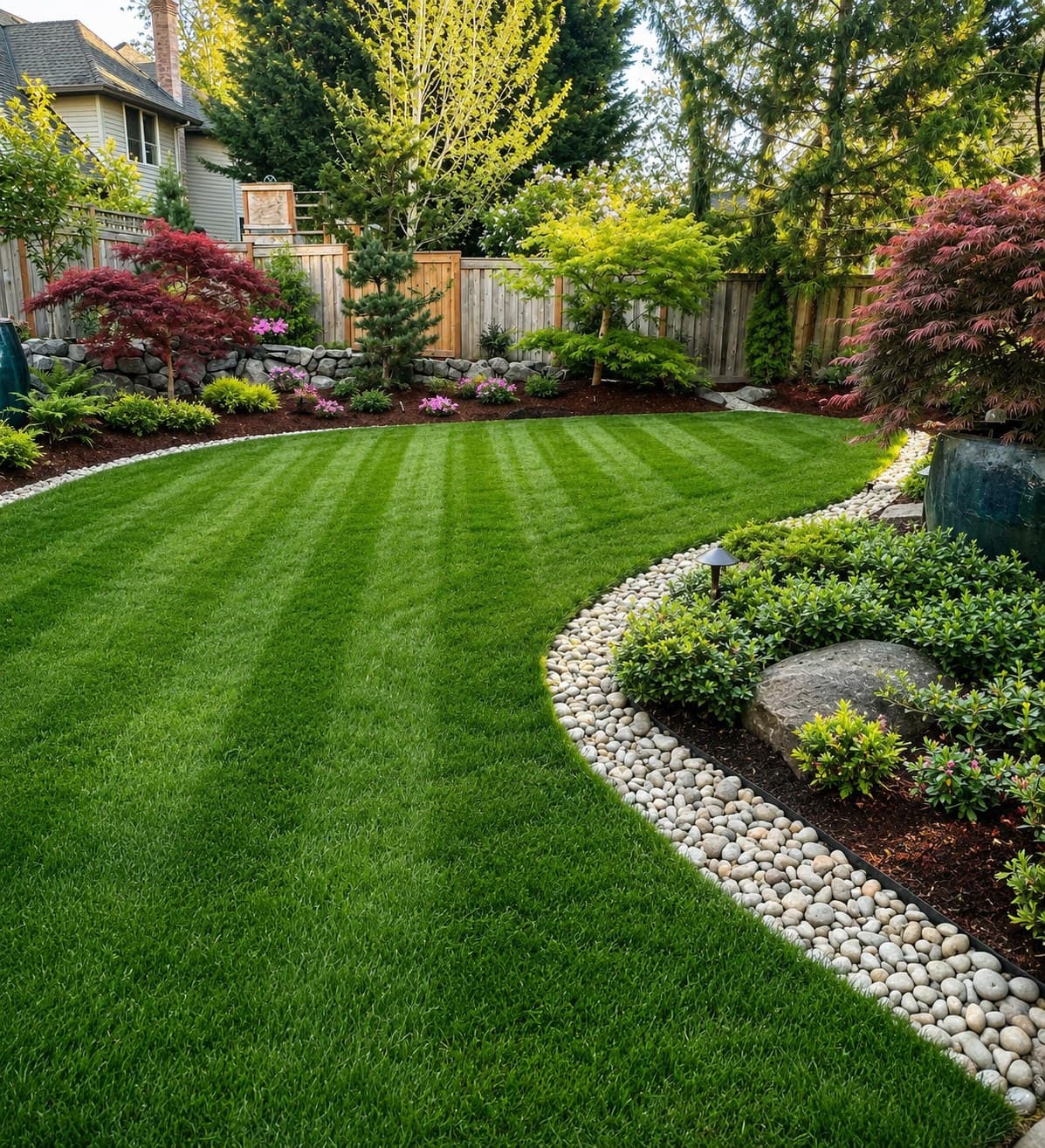 Lush striped lawn with a curved river-rock border, manicured beds, and Japanese maples — a property under GI Landscape maintenance