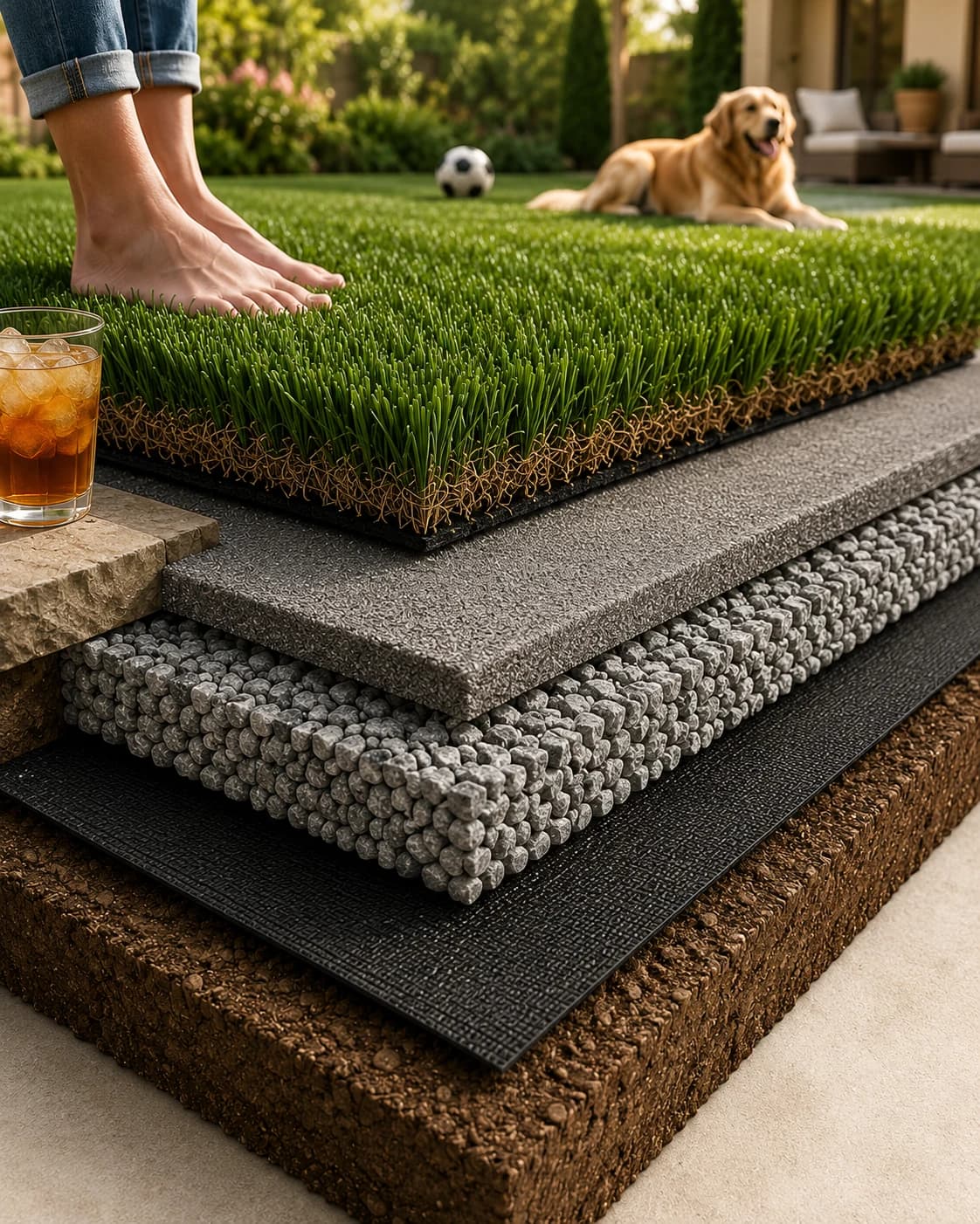 Cross-section of a GI Landscape artificial turf install — five engineered layers shown bottom-up: compacted soil foundation, weed-free barrier fabric, drainage rock core, smooth finish, and premium turf on top