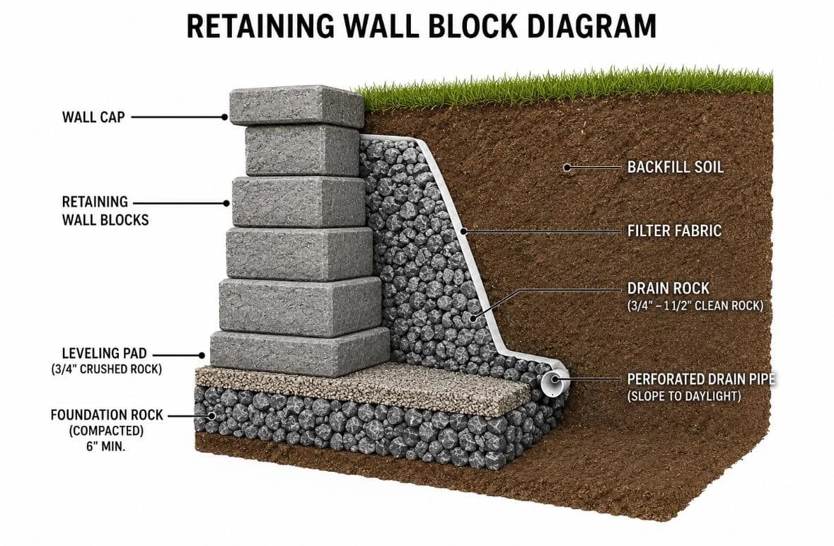 Cross-section of a GI Landscape retaining wall — wall cap, segmental retaining wall blocks, leveling pad, compacted foundation rock, perforated drain pipe sloped to daylight, three-quarter-inch clean drain rock chimney, filter fabric, and backfill soil